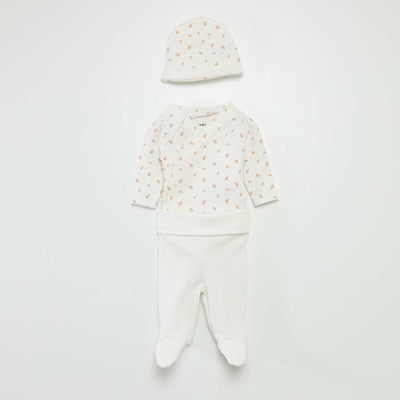 Ensemble body + pantalon avec pieds + bonnet BLANC 'FEUILLE'