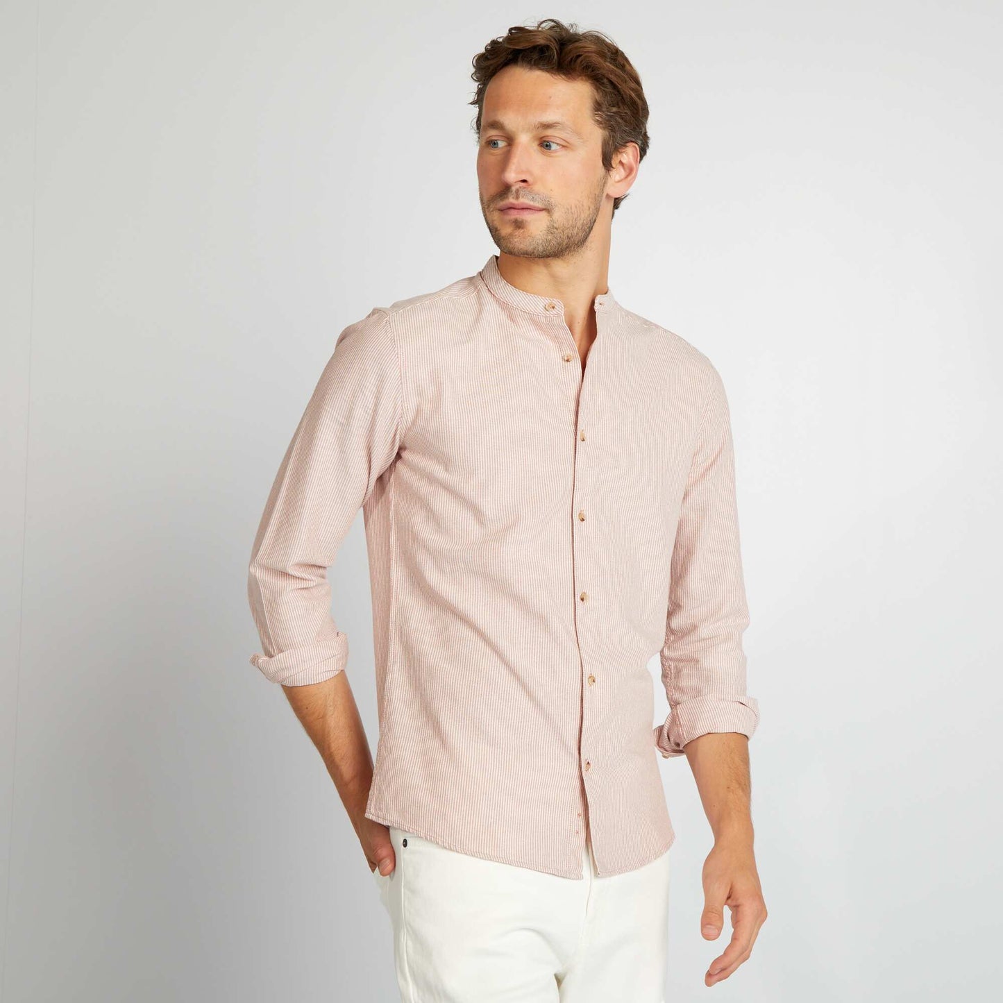 Chemise rayée col mao Rouge