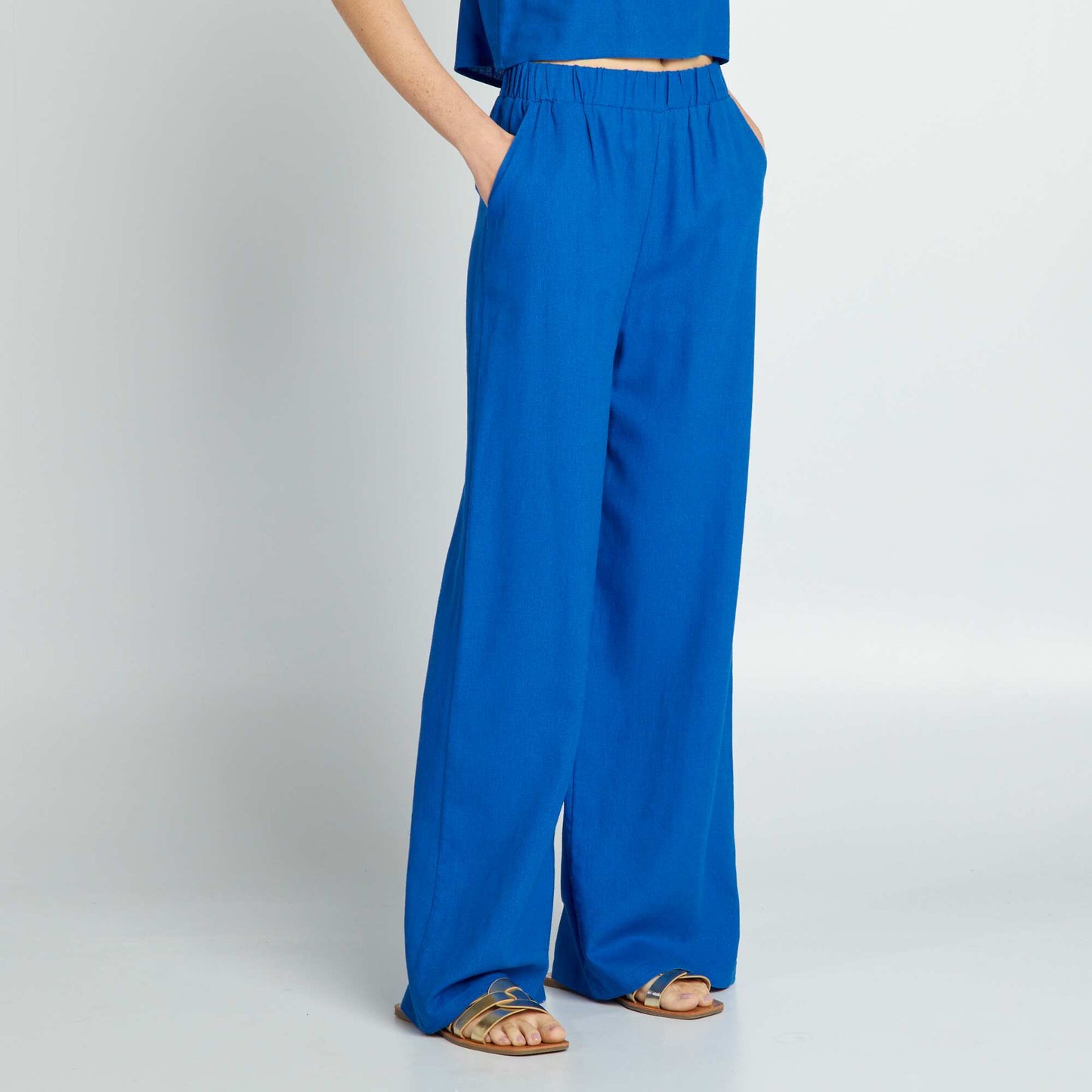 Pantalon large en lin mélangé Bleu
