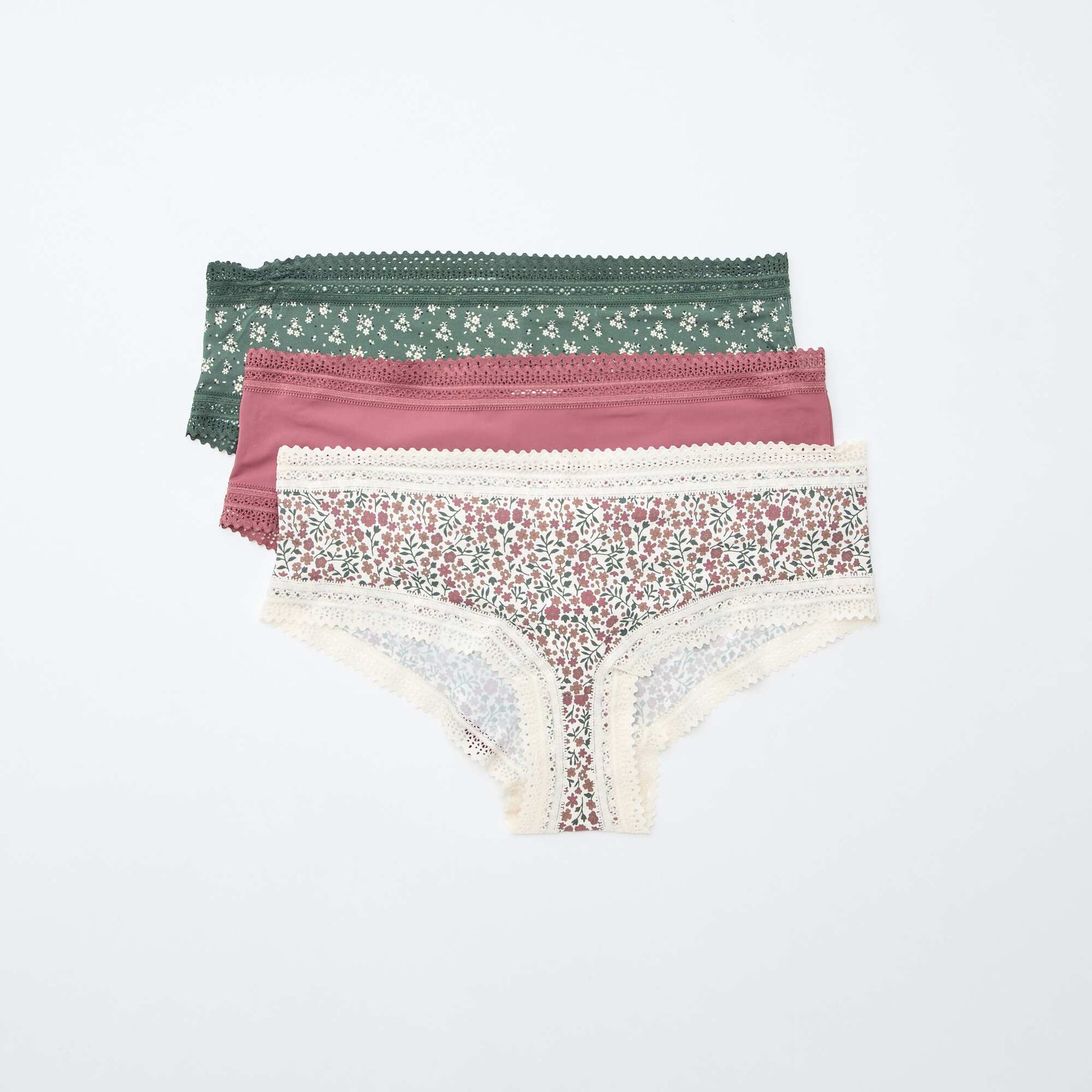 Lot de 3 shortys en microfibre imprimé VERT/BLANC/ROSE