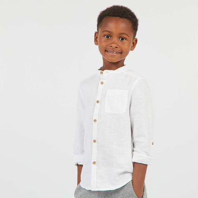 Chemise à col mao en lin mélangé blanc