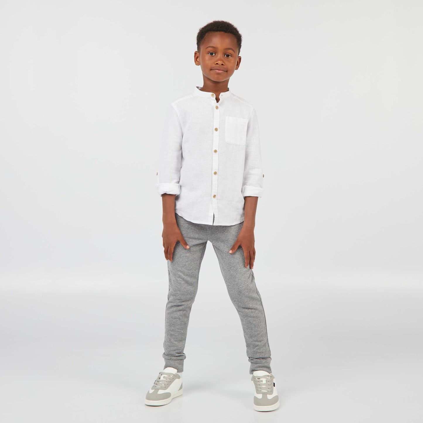 Chemise à col mao en lin mélangé blanc