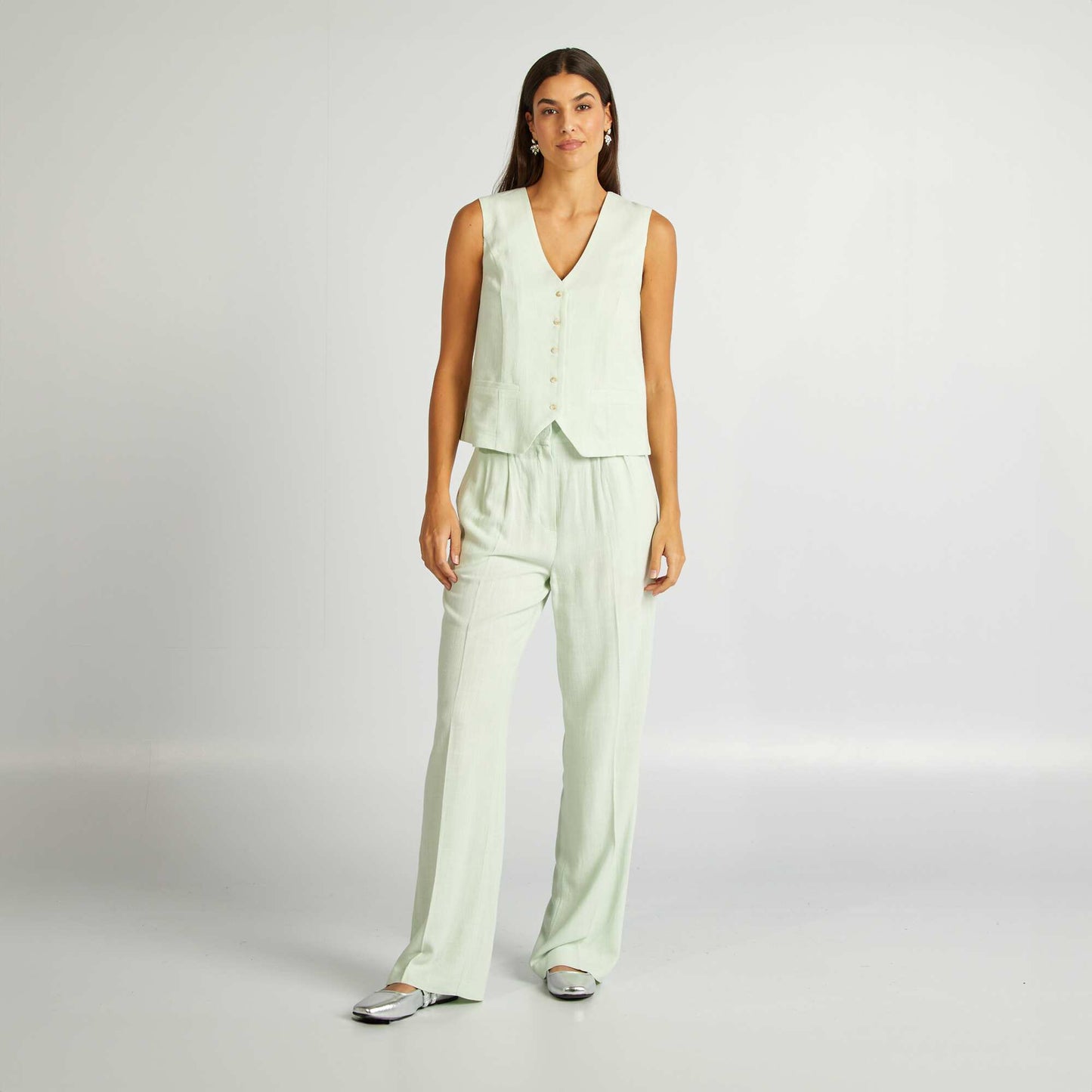 Veste tailleur sans manches en lin mélangé VERT