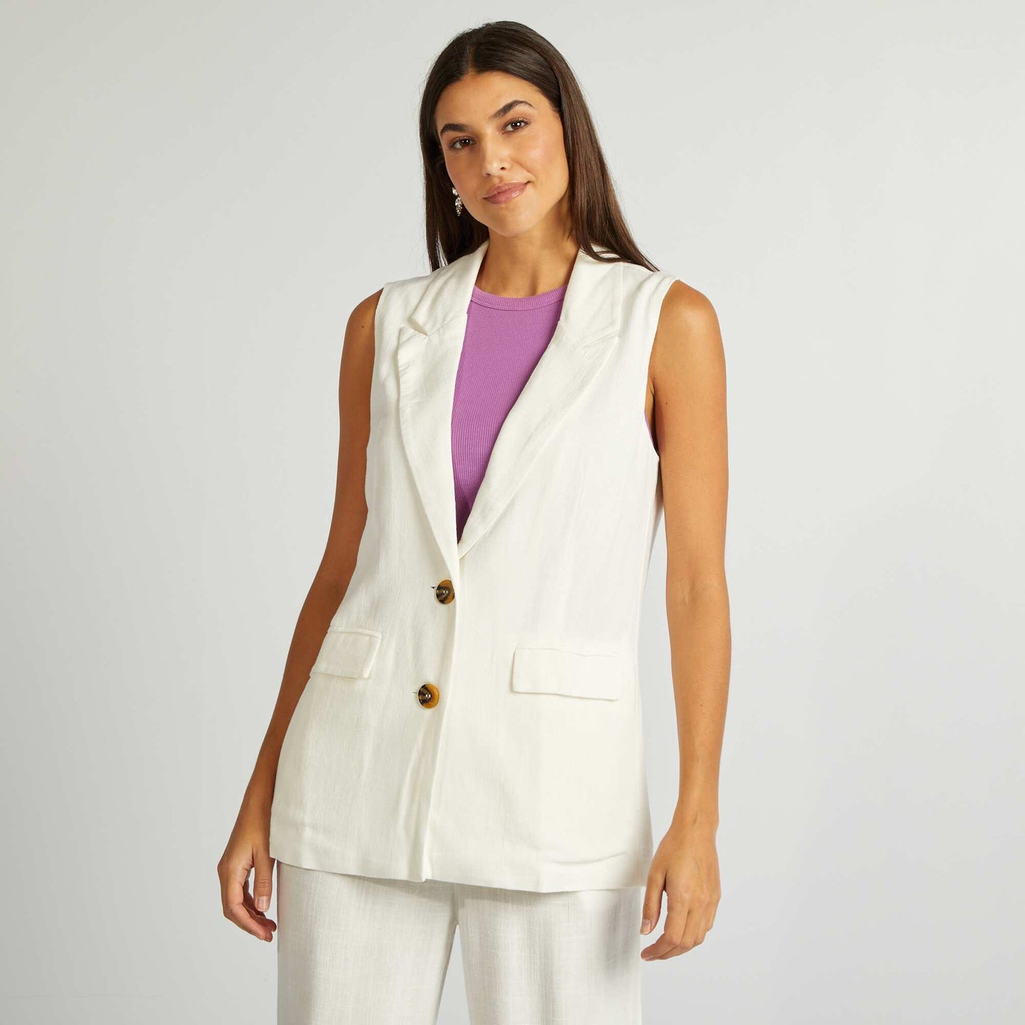 Veste tailleur sans manches en lin mélangé BLANC
