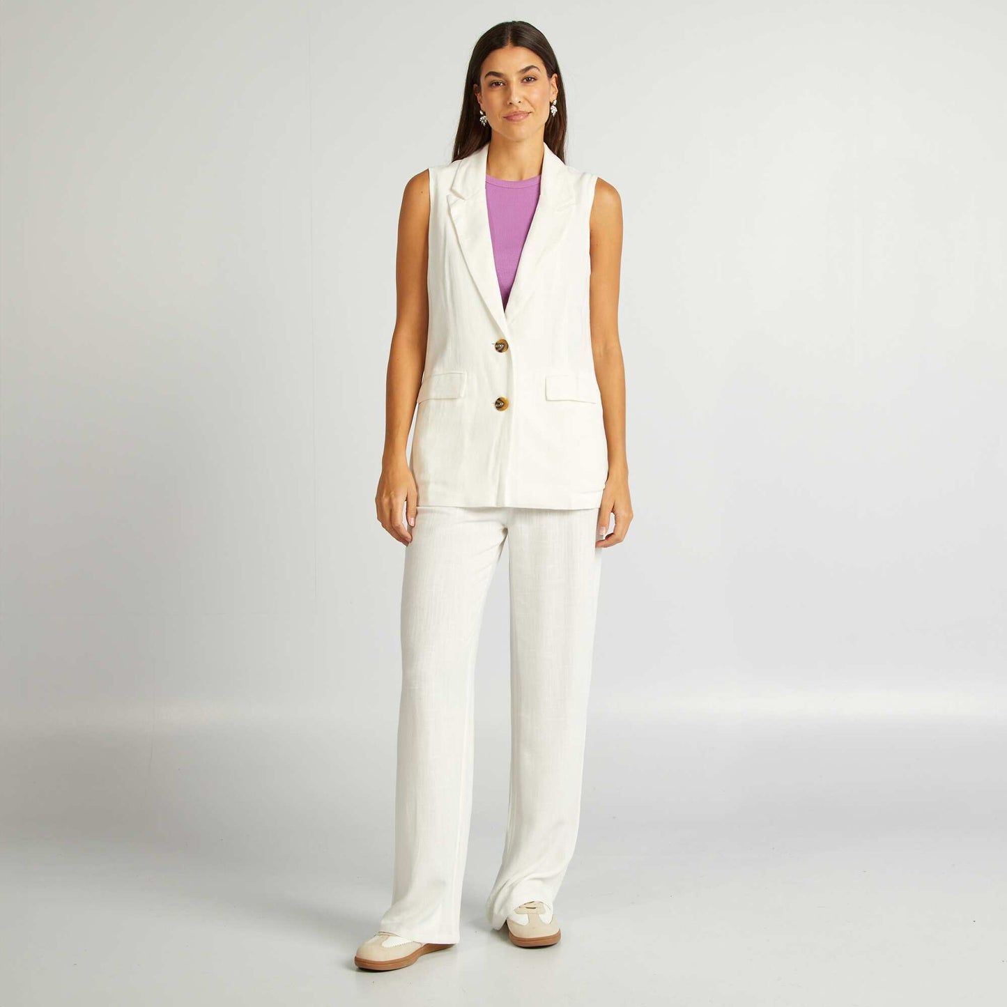Veste tailleur sans manches en lin mélangé BLANC