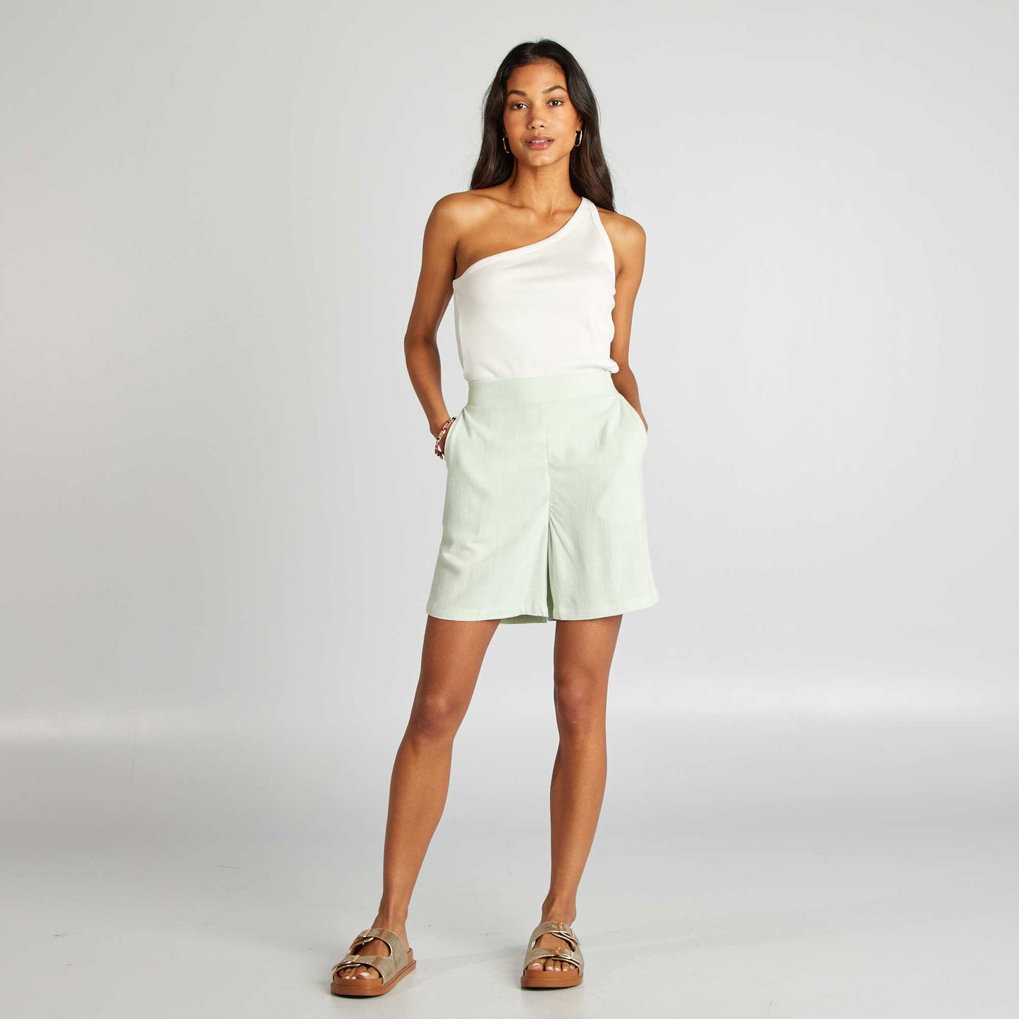 Short en lin mélangé taille haute VERT