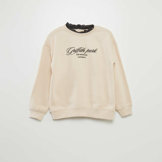 Sweat en molleton col en dentelle BEIGE