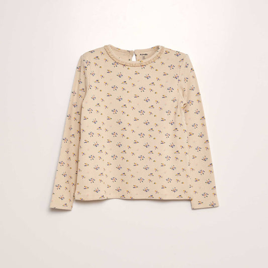T-shirt côtelé avec col brodé BEIGE