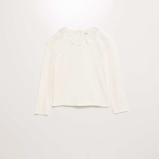 T-shirt avec col en tulle et à sequin BLANC