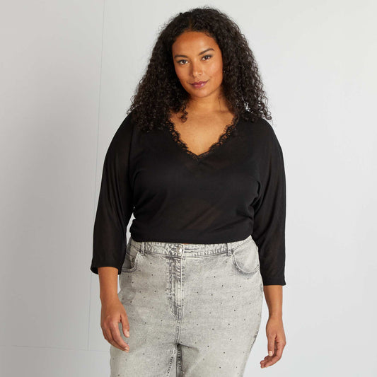 T-shirt manches longues avec col en dentelle NOIR