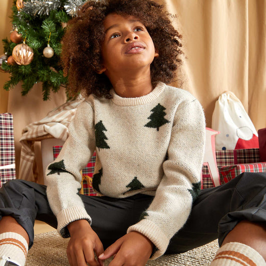 Pull jacquard à motifs sapins BEIGE