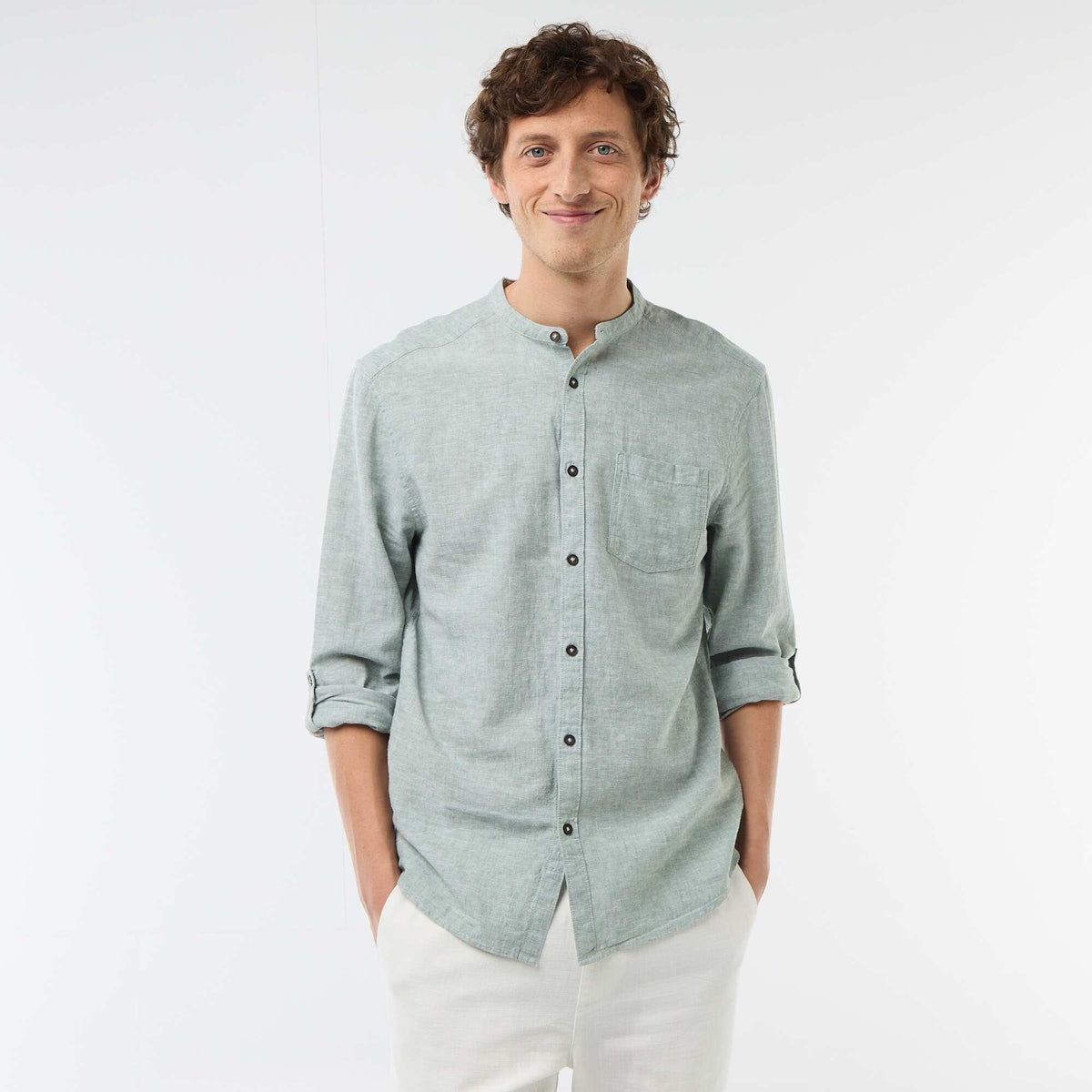 Chemise col mao avec lin VERT
