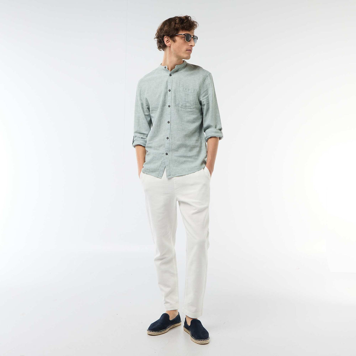 Chemise col mao avec lin VERT