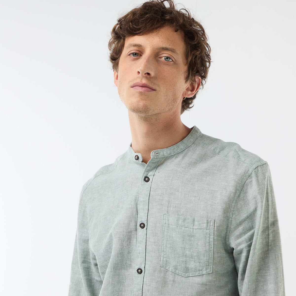 Chemise col mao avec lin VERT