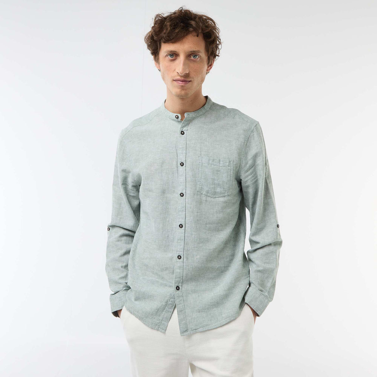 Chemise col mao avec lin VERT