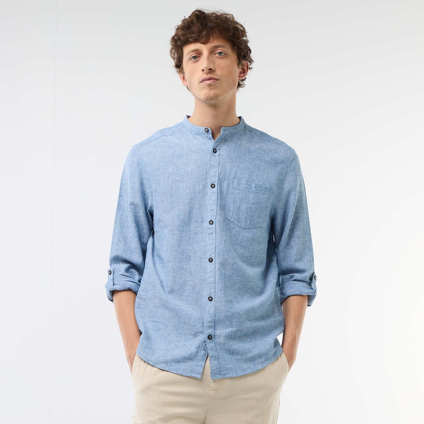 Chemise col mao avec lin BLEU