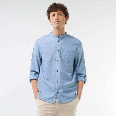 Chemise col mao avec lin BLEU
