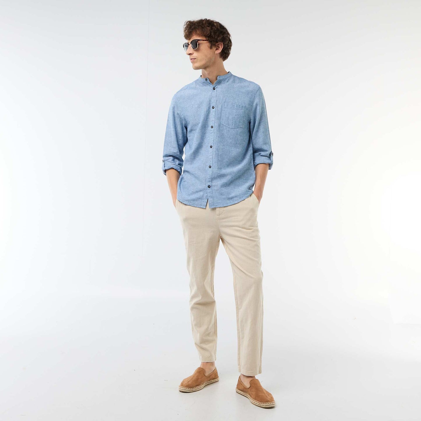 Chemise col mao avec lin BLEU