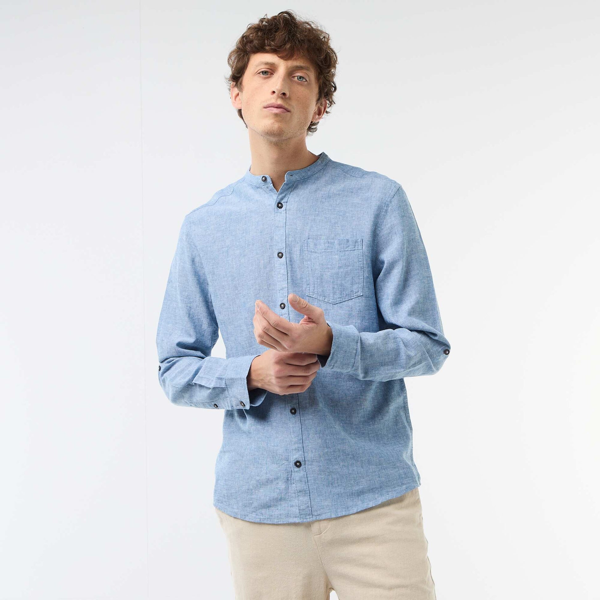 Chemise col mao avec lin BLEU