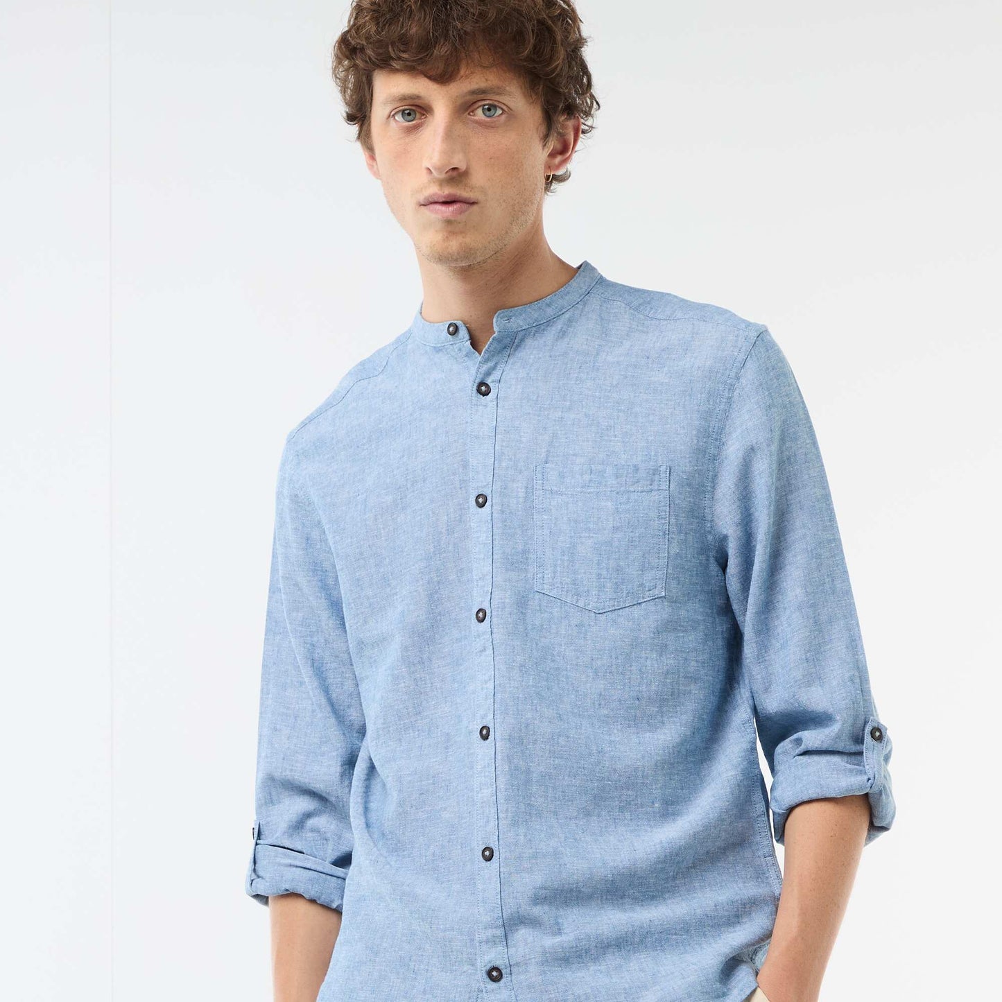 Chemise col mao avec lin BLEU
