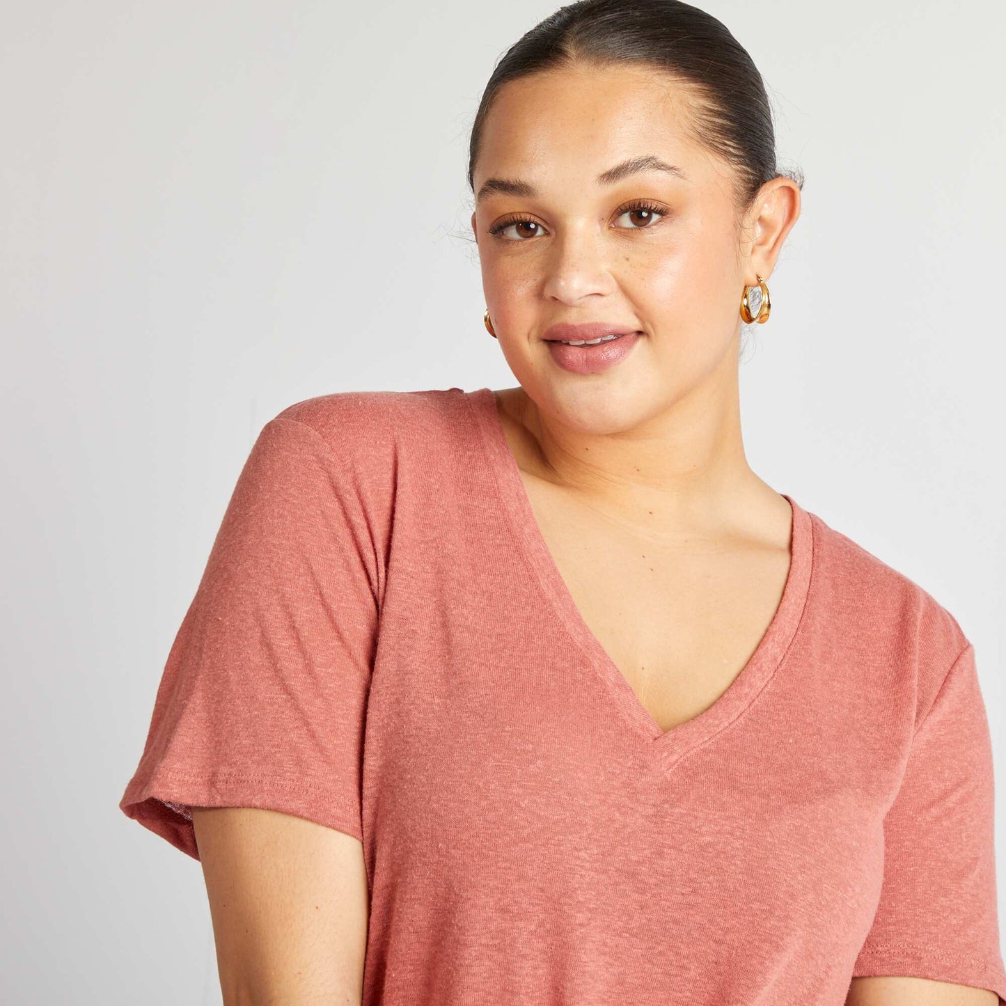 T-shirt col V en lin mélangé ROSE