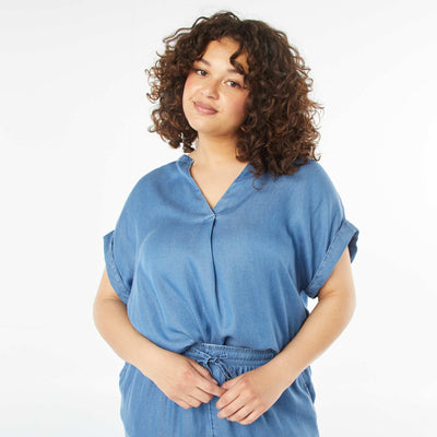 Blouse col mao avec manches courtes retroussables STONE