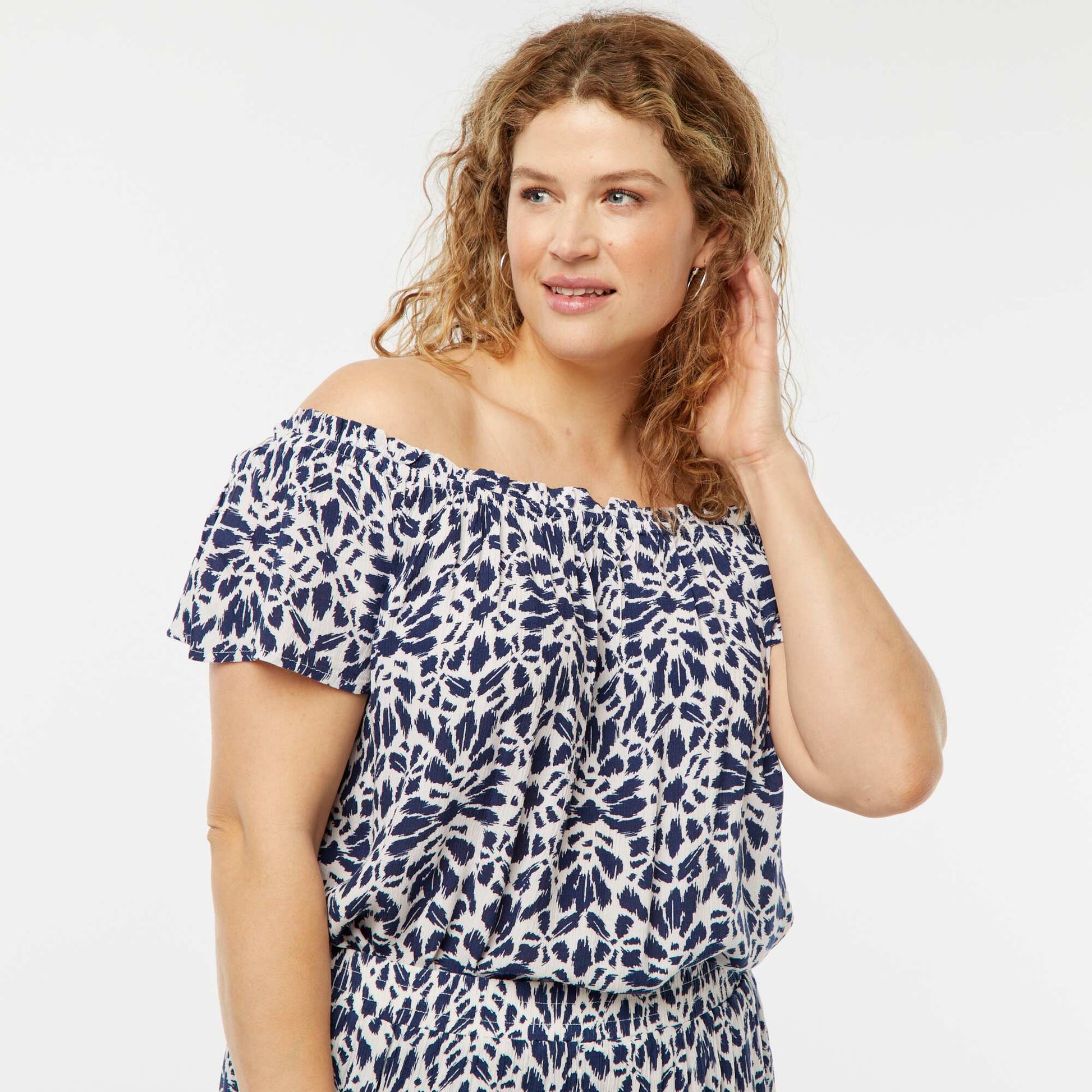 Blouse stretch à manches courtes avec col bardot BLEU