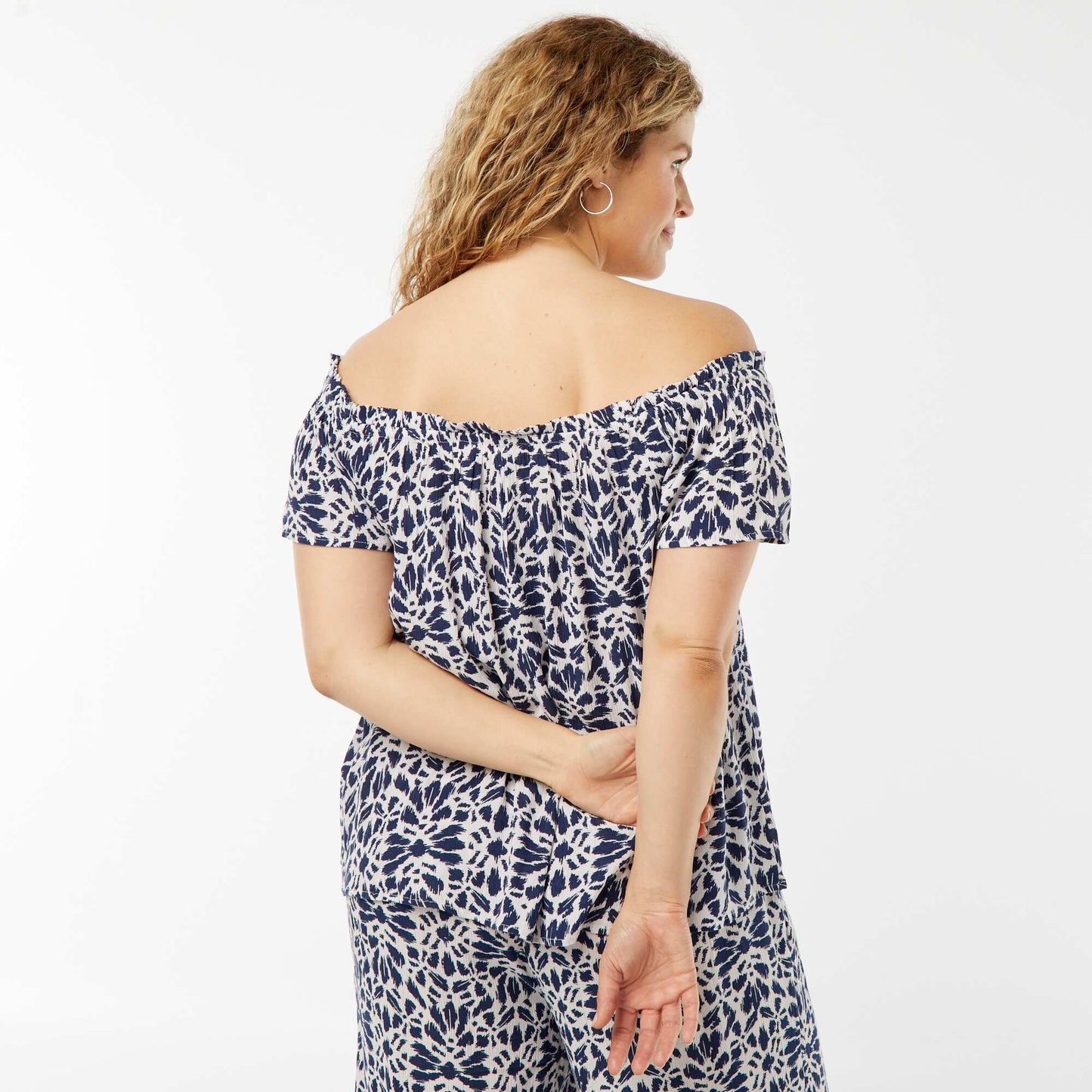 Blouse stretch à manches courtes avec col bardot BLEU