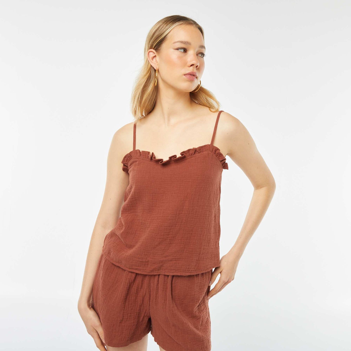 Top à bretelles en double gaze de coton MARRON