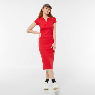 Robe midi côtelée avec un col polo ROUGE