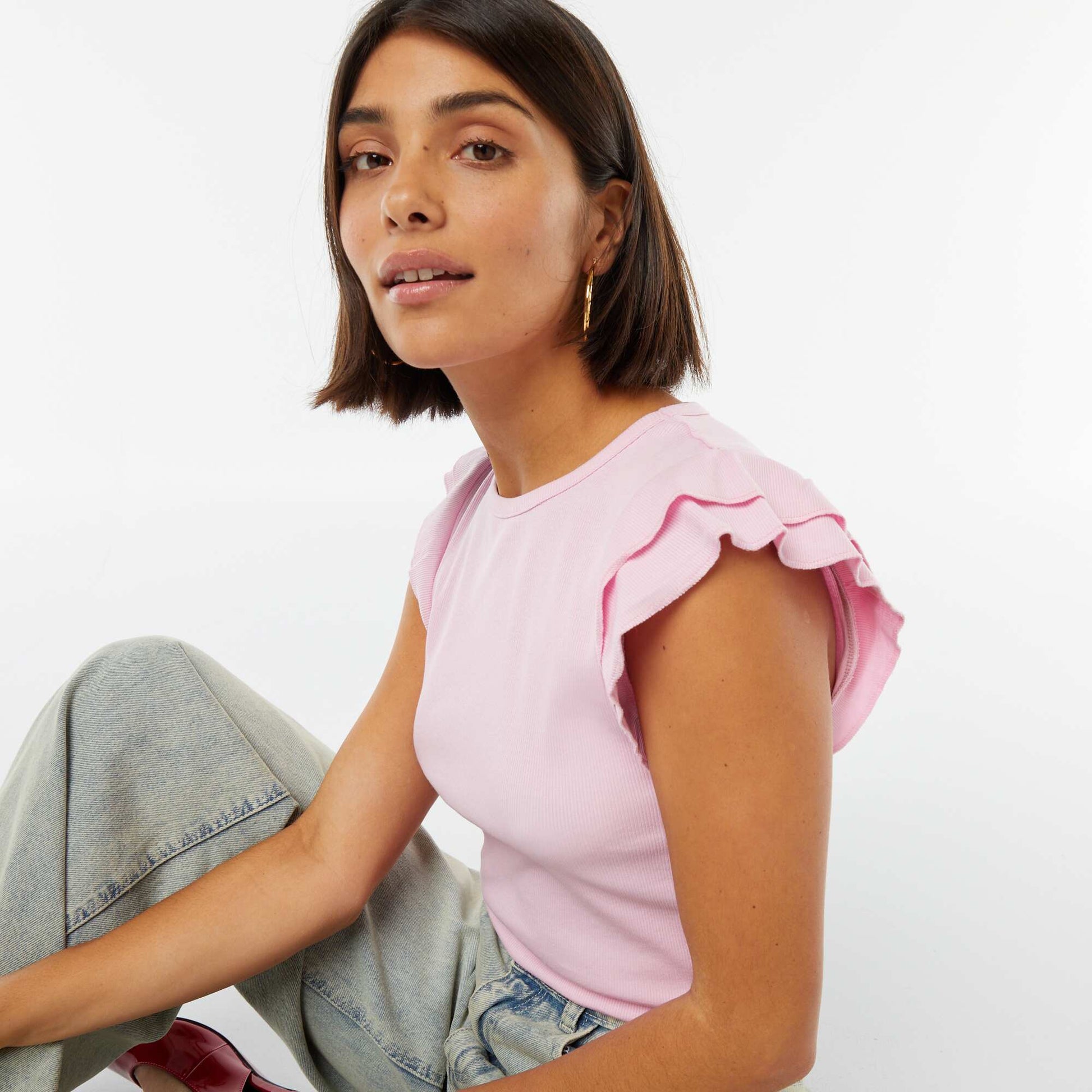 T-shirt manches courtes volantées ROSE