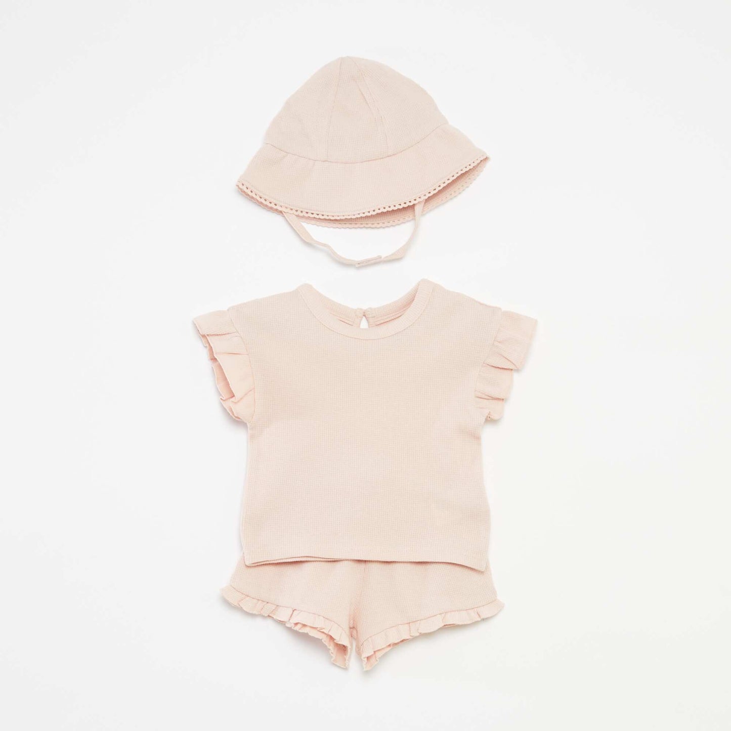 Ensemble t-shirt + short + bob en maille gaufrée - 3 pièces ROSE