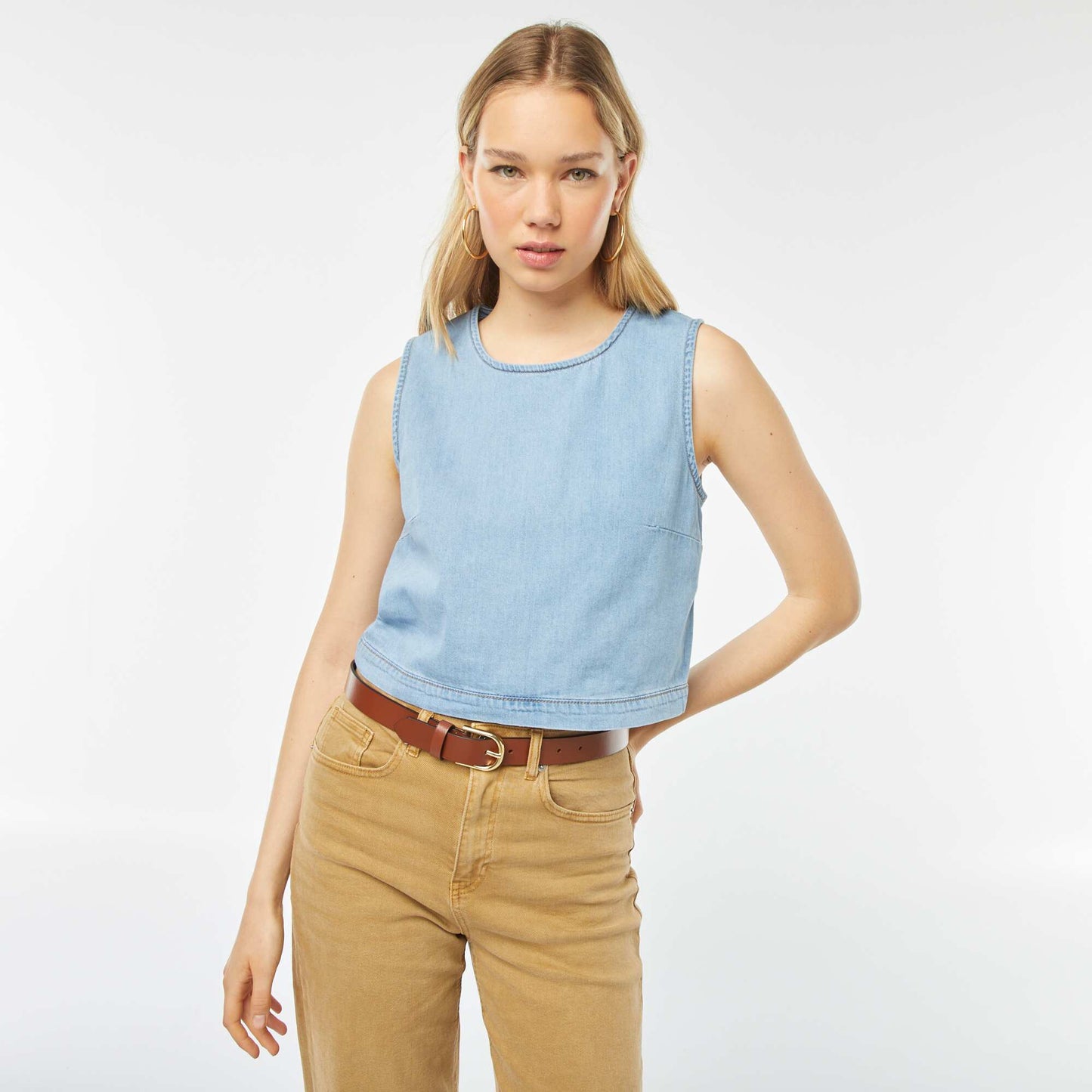 Top crop-top sans manches unie BLEU