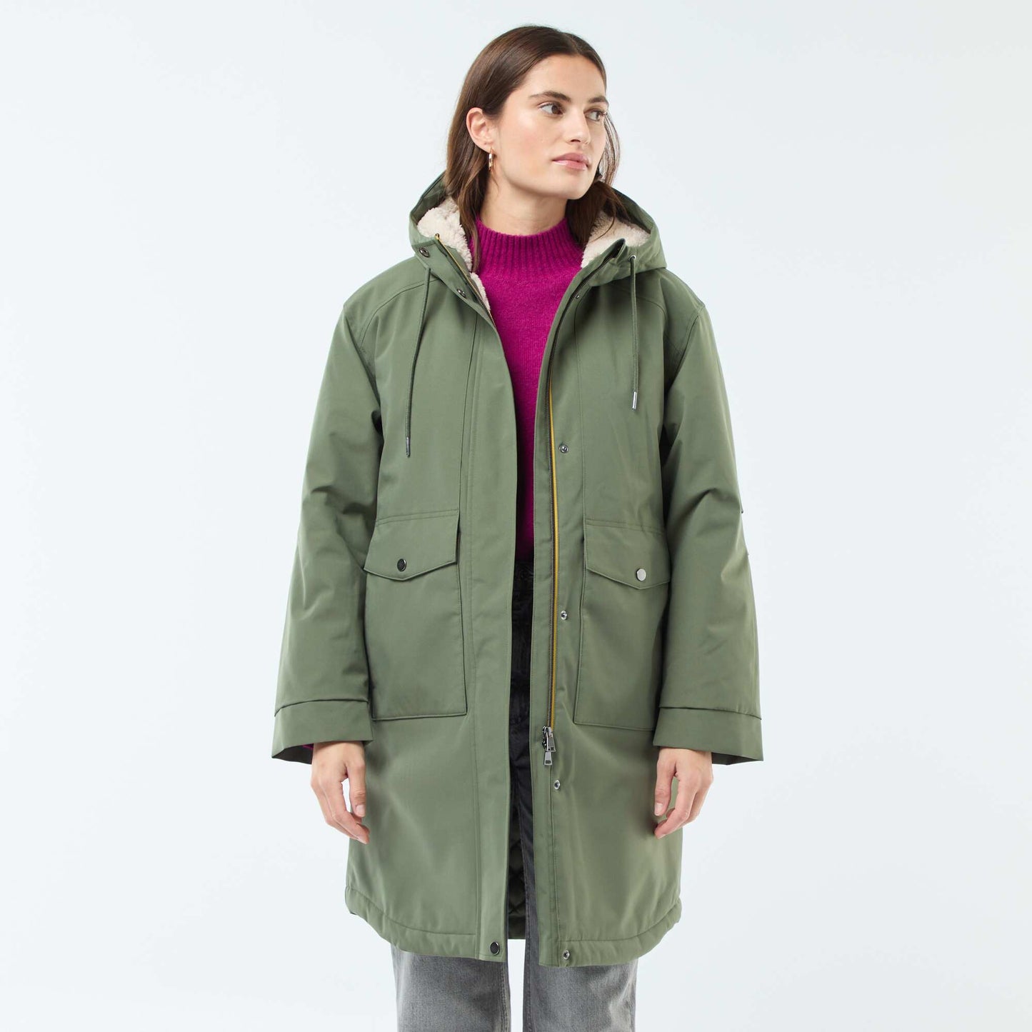 Parka longue à capuche doublure effet moutonné VERT