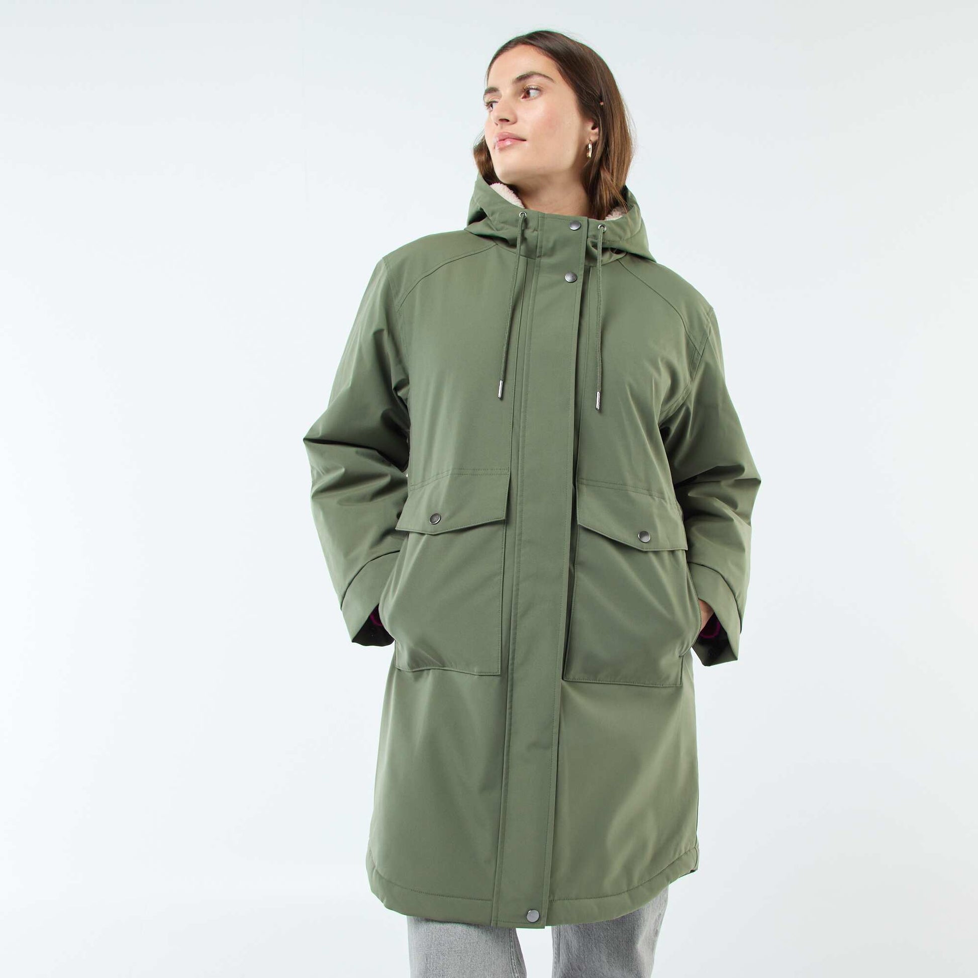 Parka longue à capuche doublure effet moutonné VERT