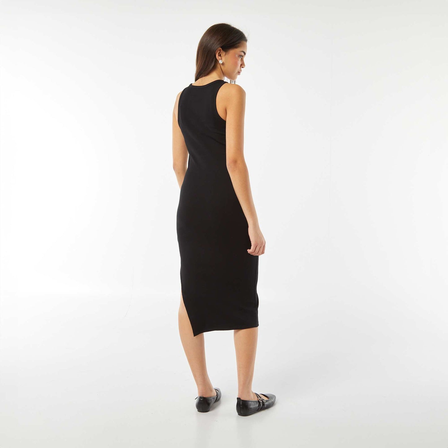 Robe longue moulante en maille côtelée sans manche moulante NOIR