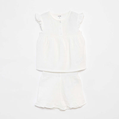 Ensemble pyjama blouse + short en lange - 2 pièces BLANC