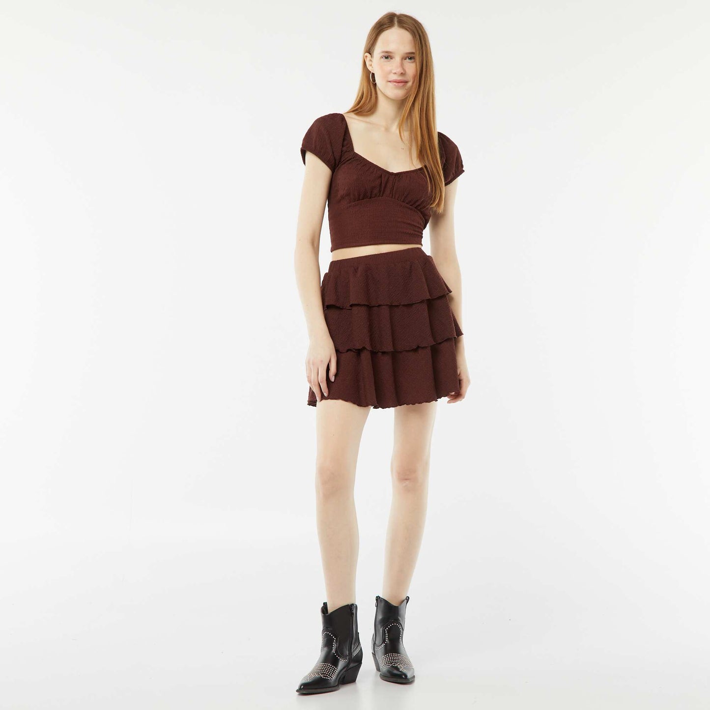 Top en maille gaufrée col carré MARRON