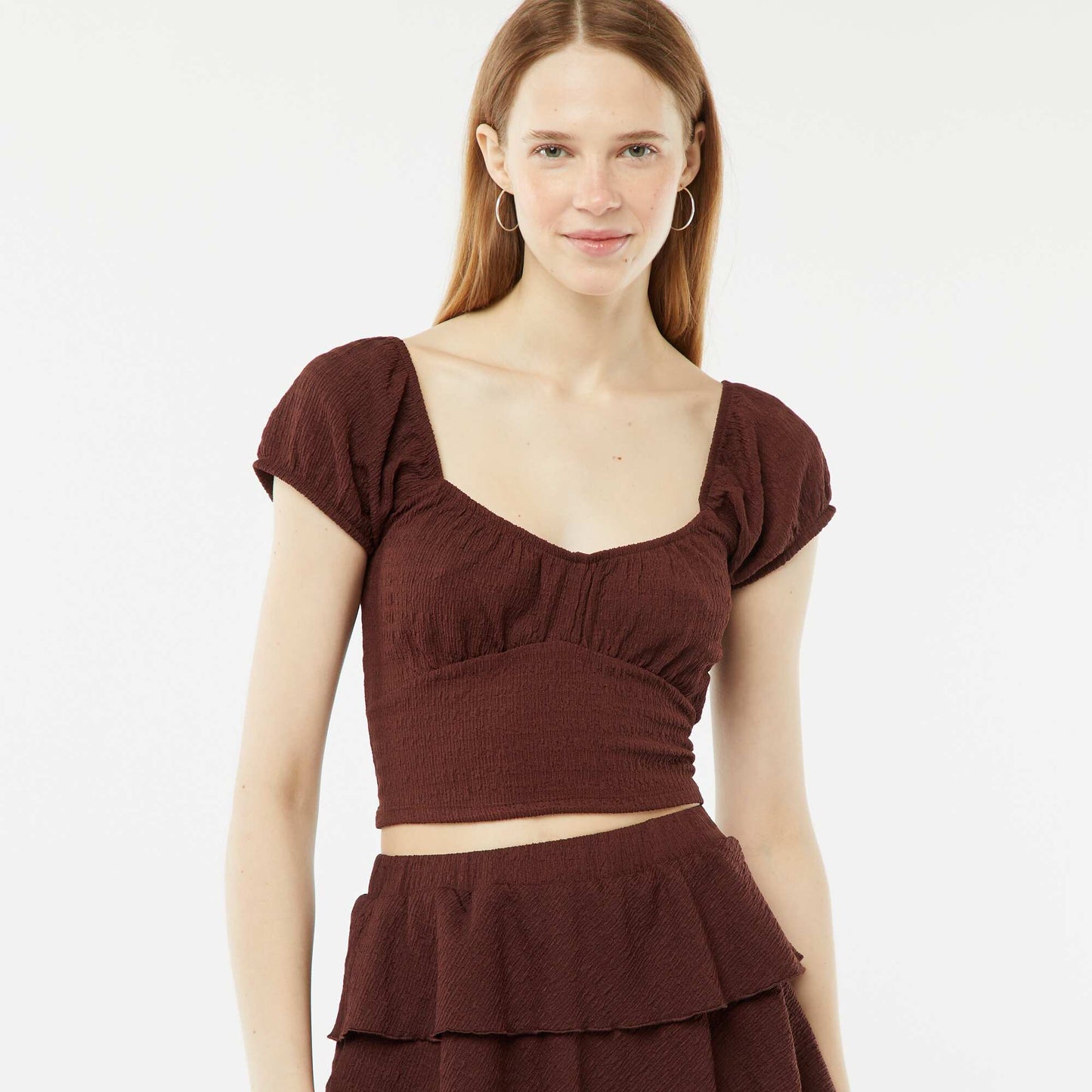 Top en maille gaufrée col carré MARRON