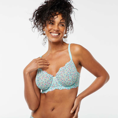Soutien-gorge bonnet D/E en dentelle fleurie ajourée BLEU