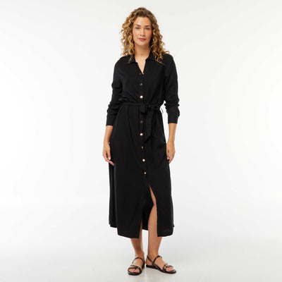 Robe longue chemise imprimée avec ceinture NOIR