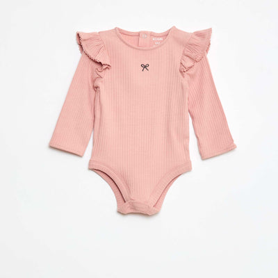 Body côtelé à manches longues volantées aux épaules ROSE