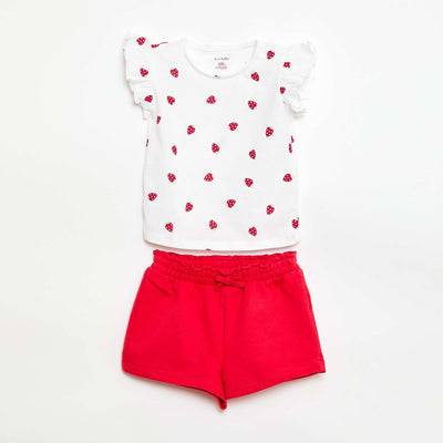 Ensemble t-shirt à manches volantées + short à motif - 2 pièces BLANC/ROUGE