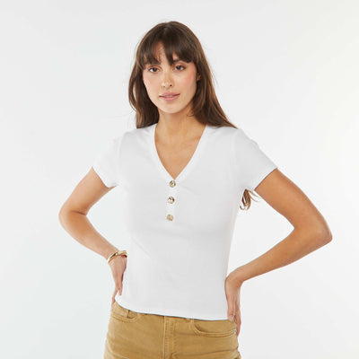 T-shirt côtelé avec boutons fantaisies BLANC