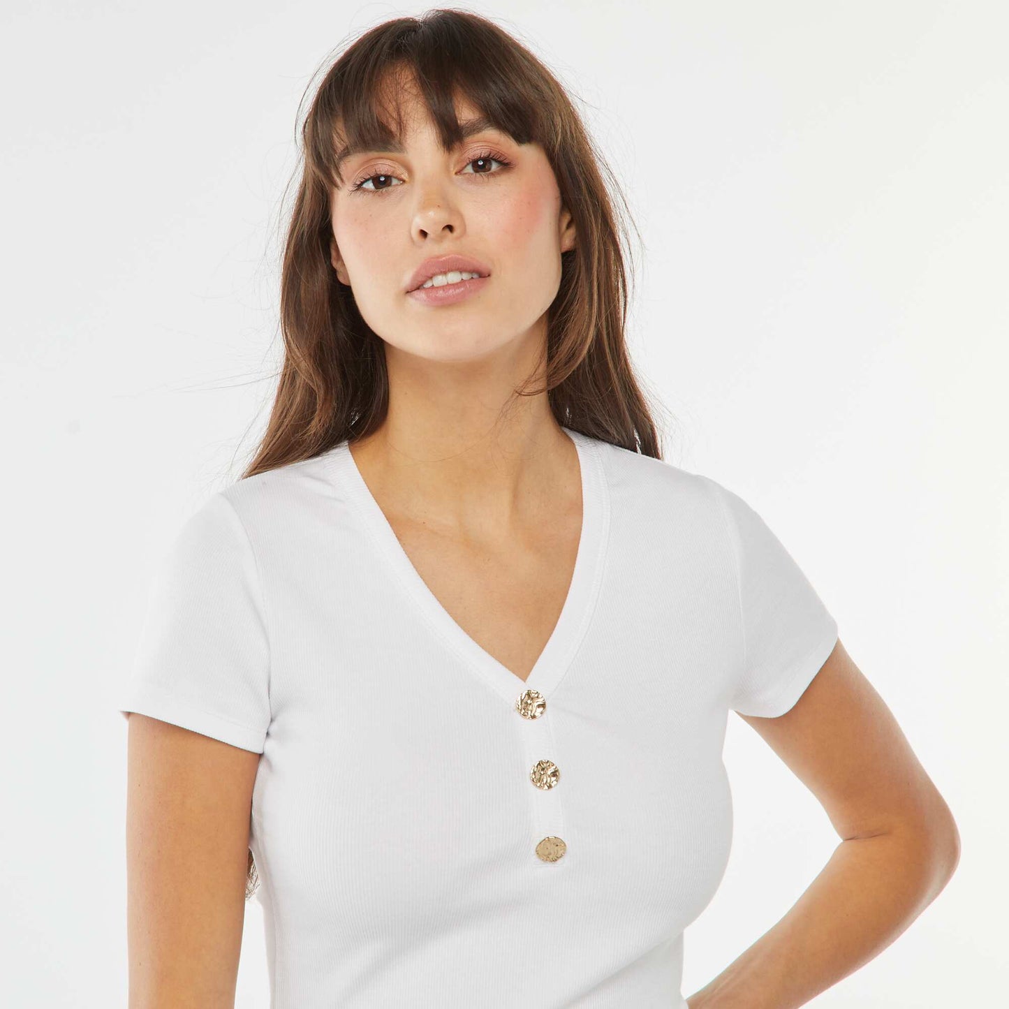 T-shirt côtelé avec boutons fantaisies BLANC