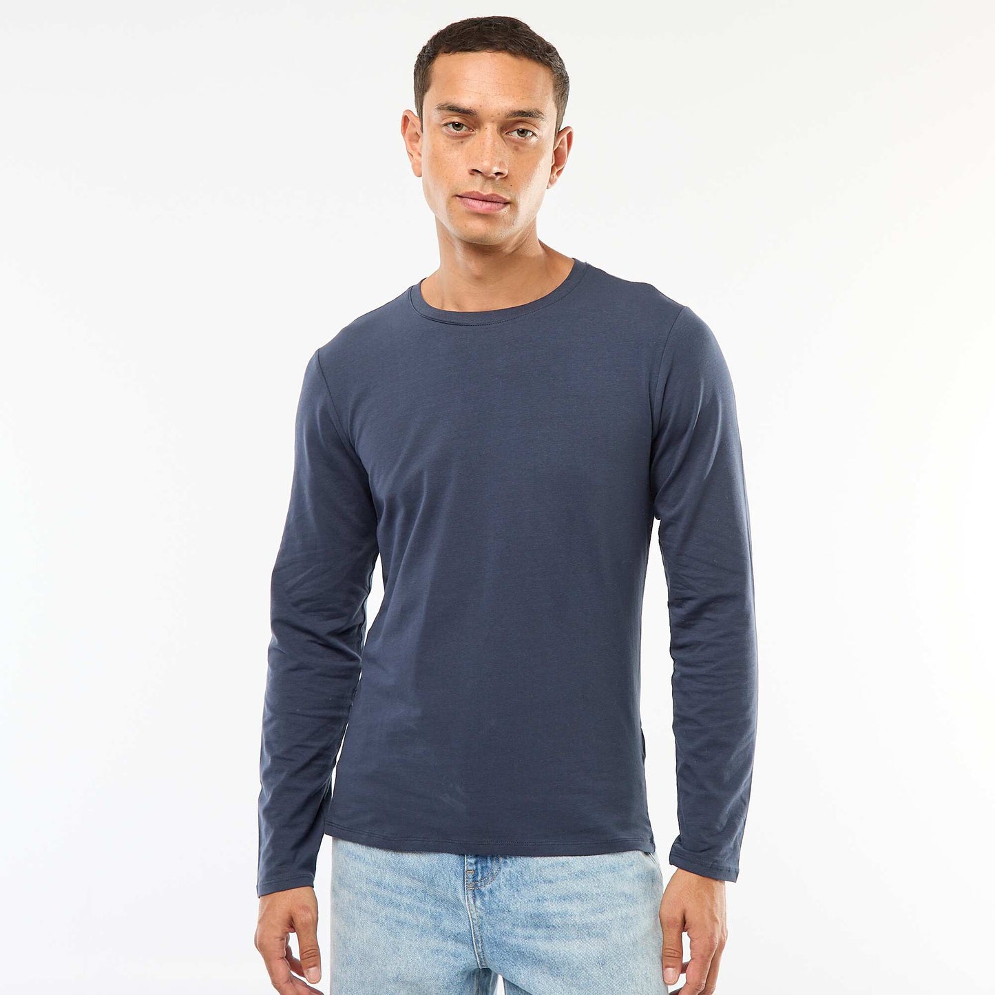 T-shirt uni à manches longues et col rond BLEU