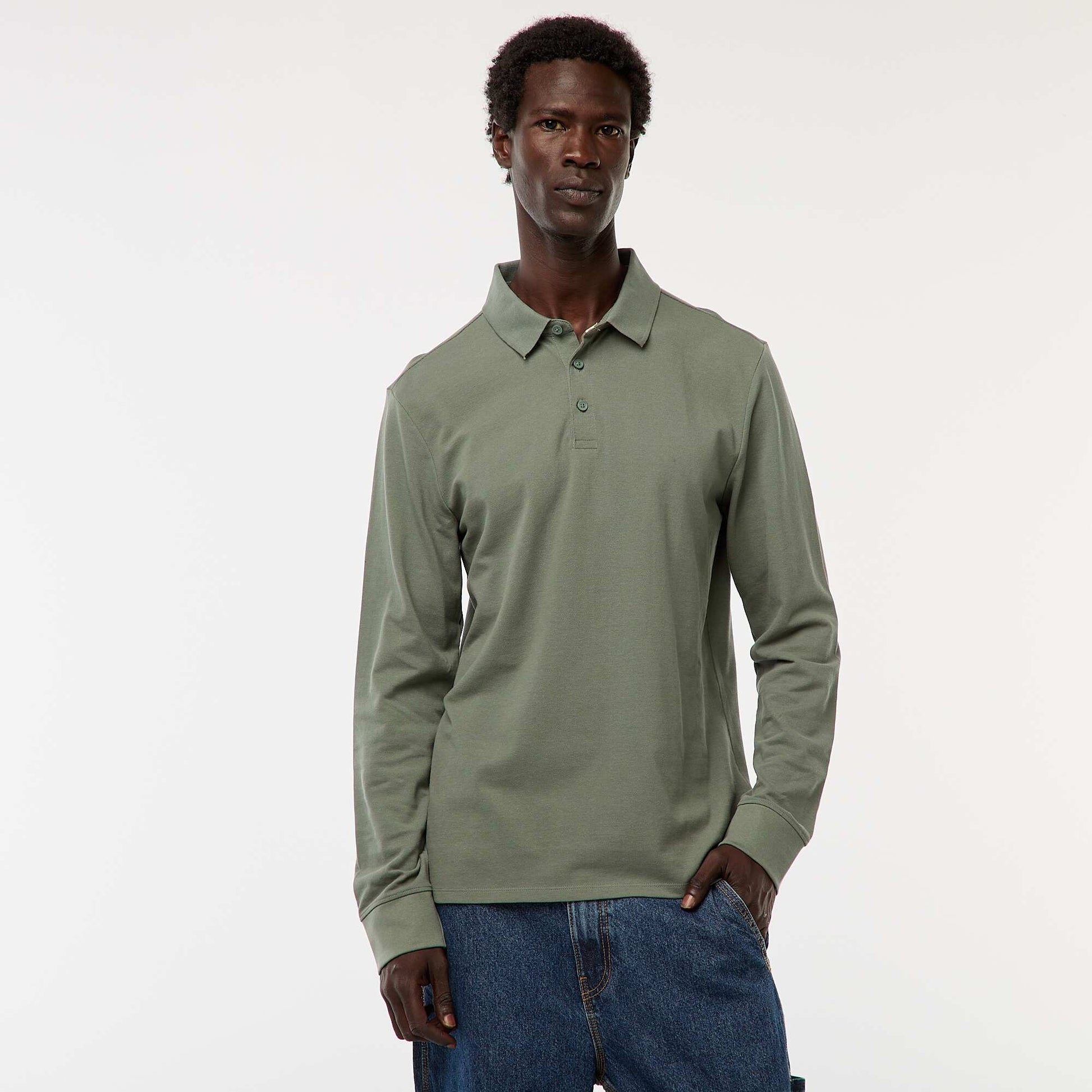Polo en maille piquée à manches longues uni VERT