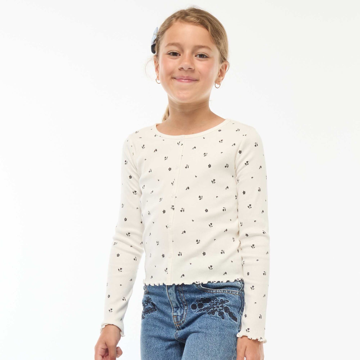 T-shirt côtelé à fleurs BLANC