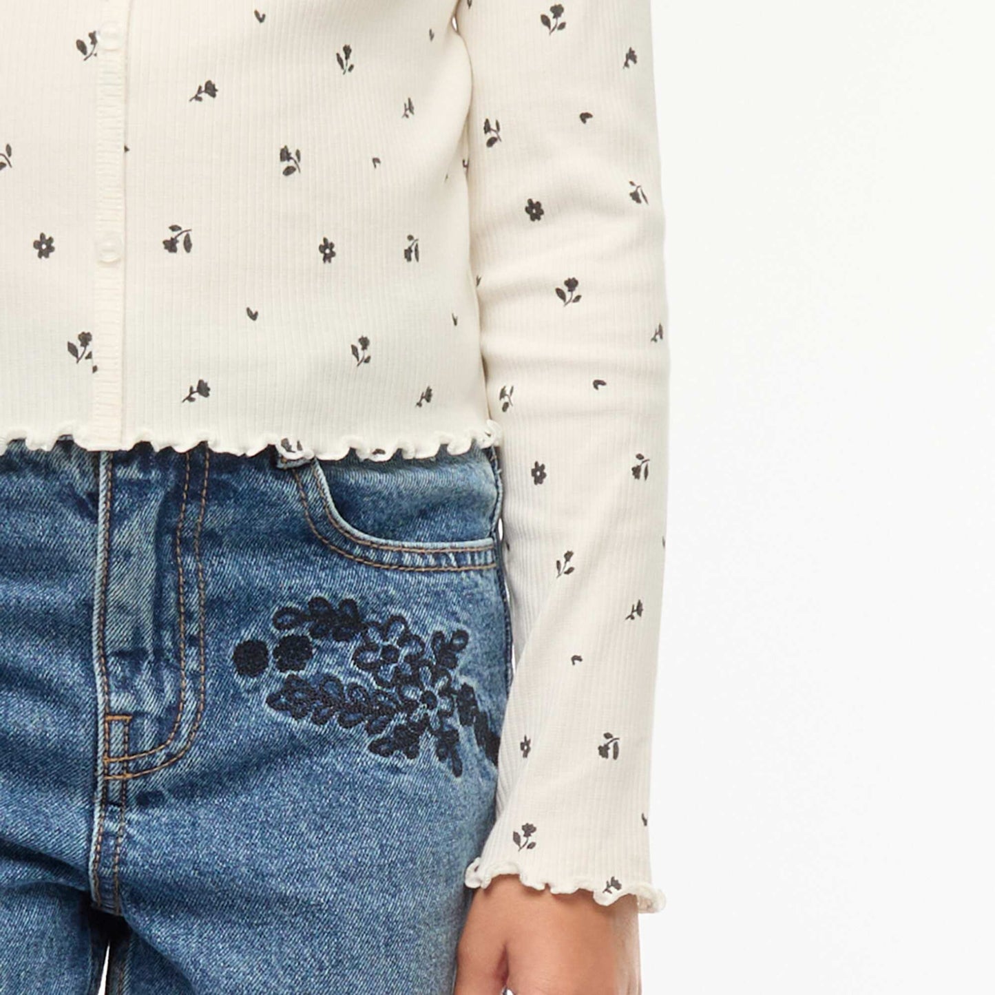 T-shirt côtelé à fleurs BLANC