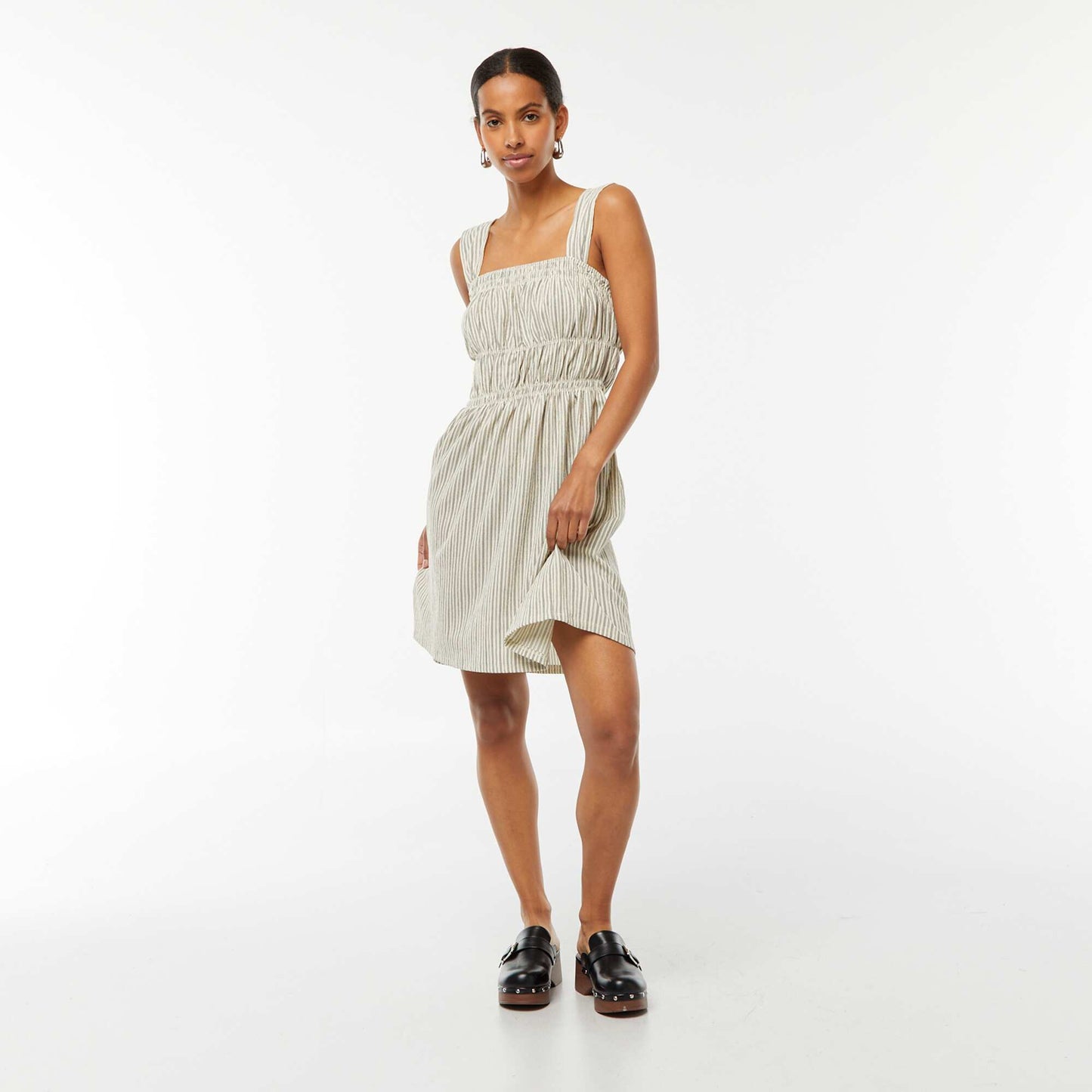 Robe rayée en maille gaufrée à larges bretelles BEIGE